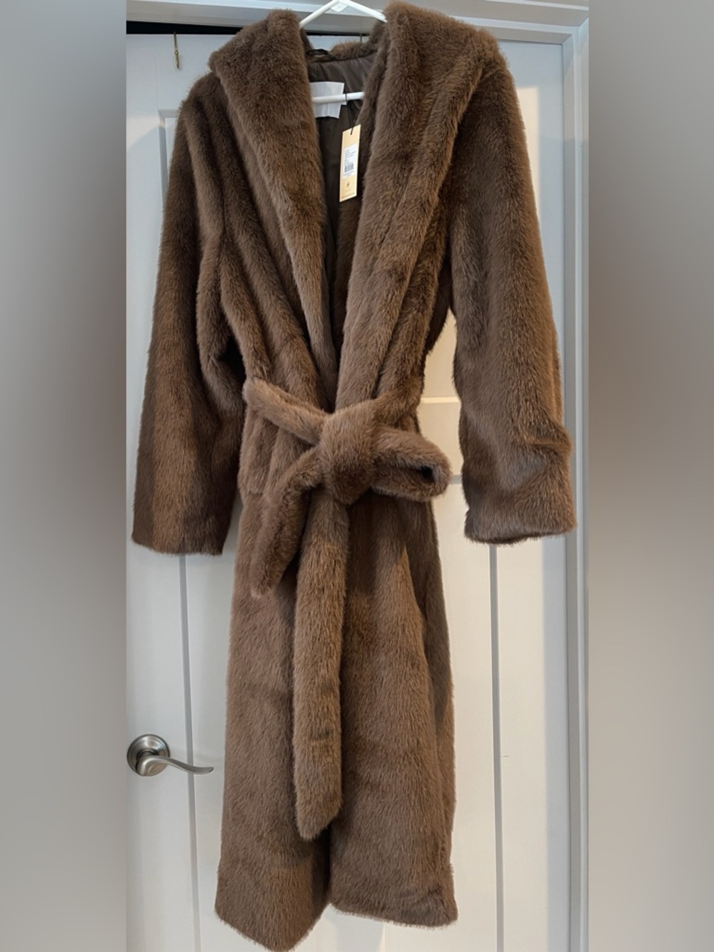 NWT Rebecca Minkoff Brown Faux Fur Hooded Long Wrap Coat, Size L